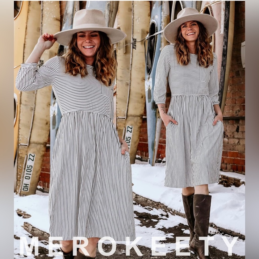 NWT MEROKEETY Women's 3/4 Balloon Sleeve Striped High Midi Dress with Pockets